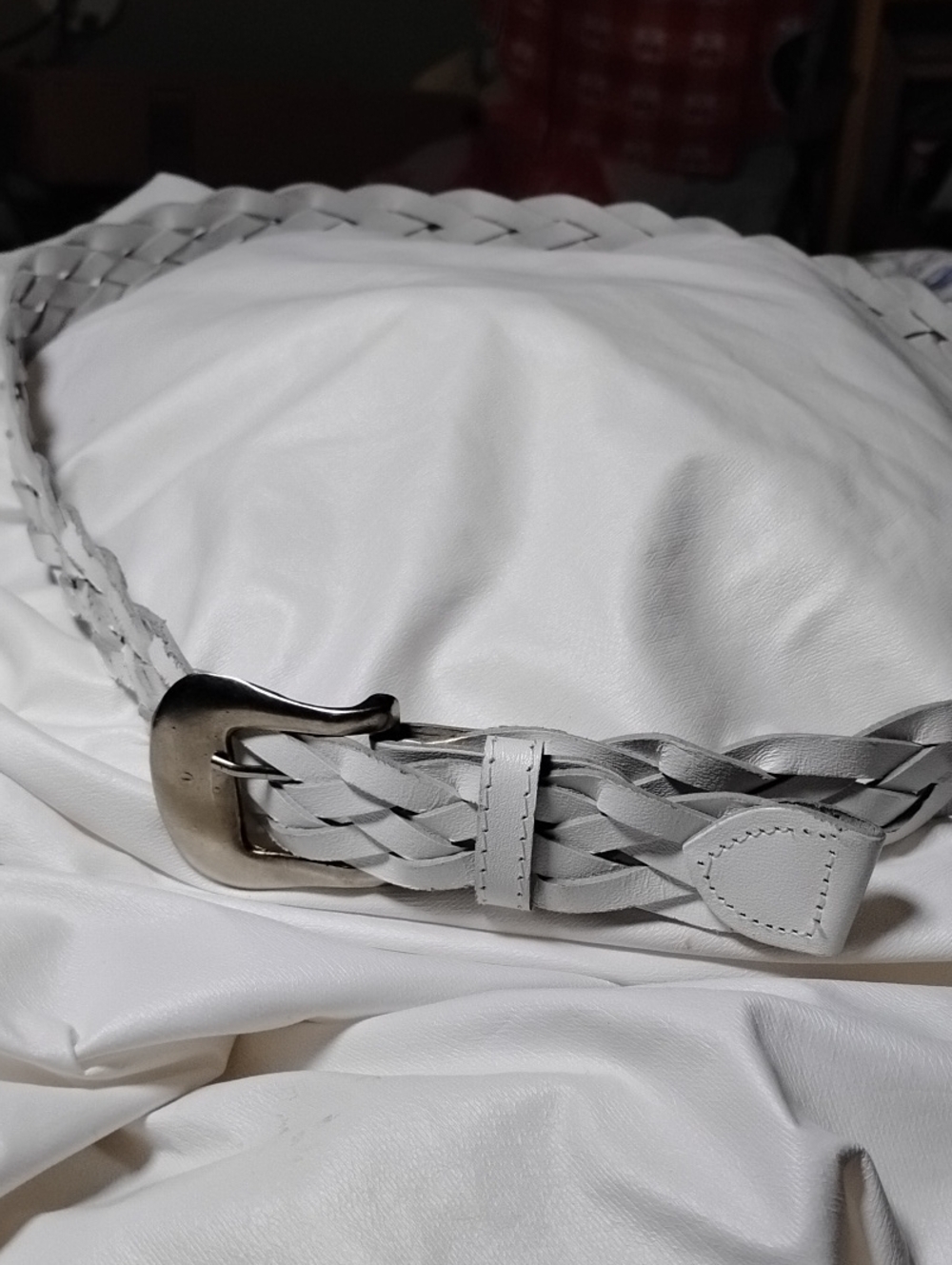 Women's Braided White Leather Belt with Silver-tone Buckle 37" X 1"